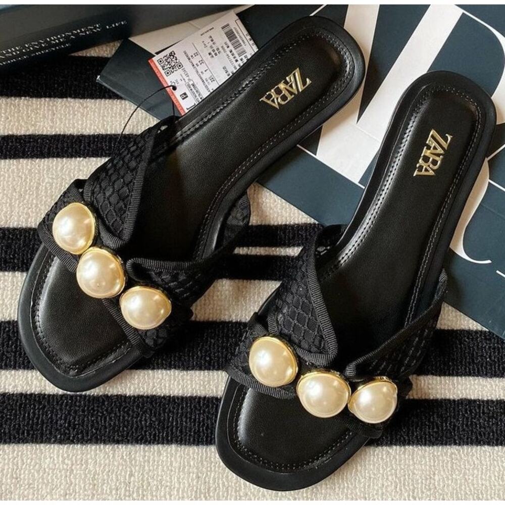 ZARA Pearl Embellished Mesh Slide Sandals NWT Black Resort Flats Size 7.5 - Picture 8 of 16